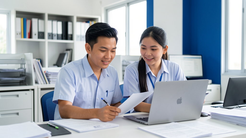 Dua staf sekolah meninjau dokumen administrasi bersama di depan laptop